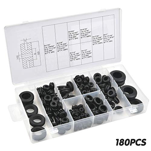 OFNMY 180pcs Pasacables de Goma Electrico Pasamuros Goma Arandelas de Goma con 8 Tamaño para Cables Autos Motocicletas,Alambre, Enchufe,etc (Negro)