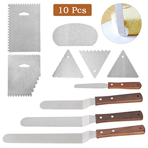 OFNMY Kit de 10pcs Espátulas Reposteria - 4pcs Espátulas para glaseados de 430 Acero Inoxidable + 6pcs Cortadores Tamanos Diferrente para Glaseado de Pasteles, Pasteles, Magdalenas y glaseado