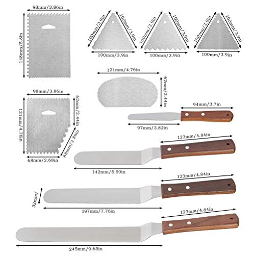 OFNMY Kit de 10pcs Espátulas Reposteria - 4pcs Espátulas para glaseados de 430 Acero Inoxidable + 6pcs Cortadores Tamanos Diferrente para Glaseado de Pasteles, Pasteles, Magdalenas y glaseado