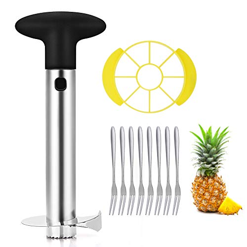 OITUGG Cortador de Piña y Corer de Piña, Herramientas de Piña 3 en 1 de Acero Inoxidable, 1 Rebanador de Fruta y 8 Horquillas de Fruta como Bonificación by (Black)