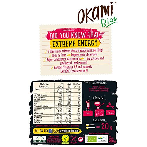 Okami Bio"Extreme Energy" Superfood Powder Mix 200 gr | Mezcla Vegana Orgánica de Maca, Cacao, Guaraná y Jengibre | Te da el mismo impulso que una bebida energética, pero 100% natural.