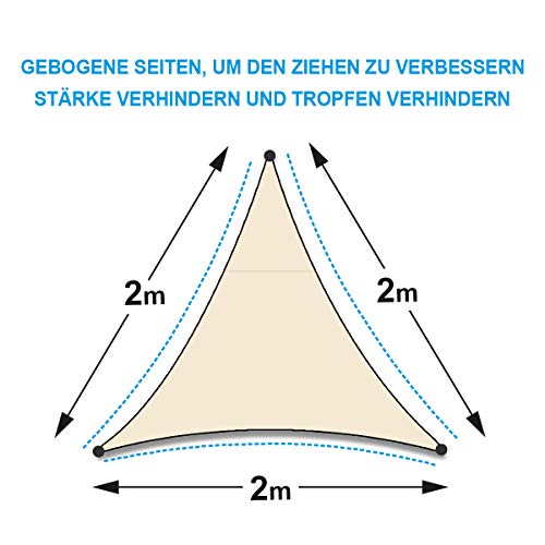 OKAWADACH Toldo Vela de Sombra Triangular 2 x 2 x 2m, protección Rayos UV Impermeable para Patio, Exteriores, Jardín, Color Crema