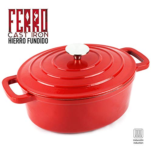 Olla de Hierro fundido Ferro by Sergi AROLA, óptima retención y Reparto del Calor, Especial para INDUCCIÓN, Apto para Horno, Ahorro de energía, fácil Limpieza Larga Durabilidad (OLLA OVAL 28 cm, ROJO)