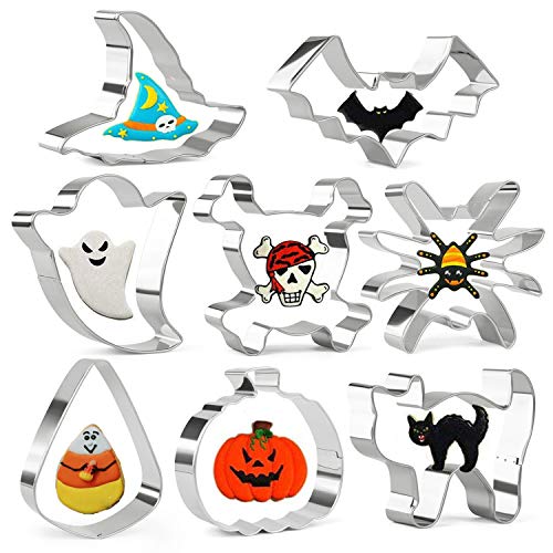 Olywee - Juego de 8 cortadores de galletas de acero inoxidable para Halloween, diseño de calabaza, cráneo, fantasma, gato, murciélago, araña y caramelo y sombrero de bruja