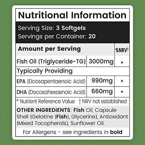 Omega 3 Aceite de Pescado Puro 3000 mg - 990 mg de EPA + 660 mg DHA - Efecto Antiinflamatorio y Antioxidante, Suplemento para la Salud de Cerebro, Hígado y Corazón, Controla Colesterol, 60 Cápsulas