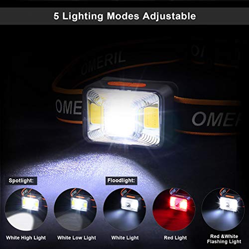 OMERIL Linterna Frontal LED USB Recargable, Linterna Cabeza Super Brillante, 5 Modos de Blanco y Rojo Luz, IPX5 Impermeable Frontal LED para Correr, Acampar, Pescar, Ciclismo, Camping, Niños