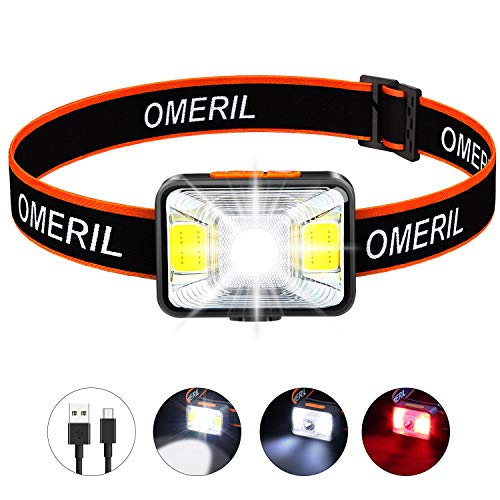 OMERIL Linterna Frontal LED USB Recargable, Linterna Cabeza Super Brillante, 5 Modos de Blanco y Rojo Luz, IPX5 Impermeable Frontal LED para Correr, Acampar, Pescar, Ciclismo, Camping, Niños