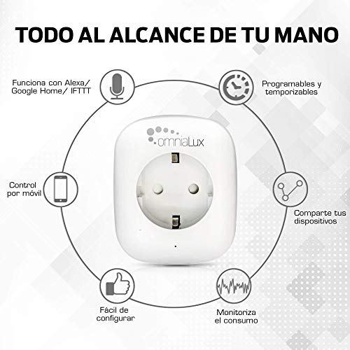 Omnialux P202A-2 Enchufe Inteligente Wifi, Smart plug compatible con Alexa, Echo google assistant, Smart Life (iOS y Android) e IFTT, Zócalo blanco programable y monitor de consumo, no requiere hub