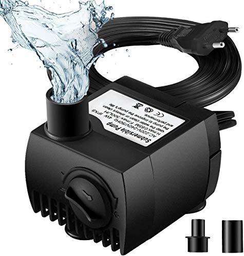 OMORC Bomba de Agua Sumergible 300L/H con Filtro y 2 Boquillas AC220-240V Bomba de Agua Limpiable, Desmontable, para Acuario, Estanque, Pecera, Hidropónico de Bomba de Agua, Silenciosa.