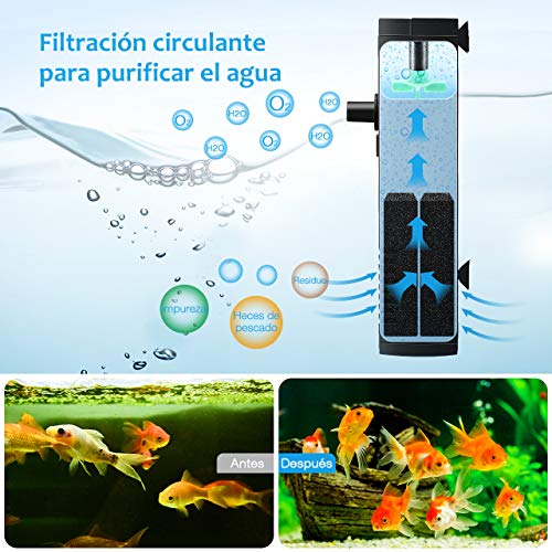 OMORC Filtro Interior 300L/H, Filtro Interno Multifuncional con 2 Esponjas de Filtro Reemplazables para Estanques de Peces o Tortugas de 60L, Ciclo de Agua, Oxigenación, Flujo Ajustable y Silencioso