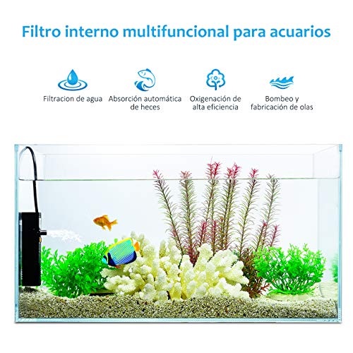 OMORC Filtro Interior 300L/H, Filtro Interno Multifuncional con 2 Esponjas de Filtro Reemplazables para Estanques de Peces o Tortugas de 60L, Ciclo de Agua, Oxigenación, Flujo Ajustable y Silencioso