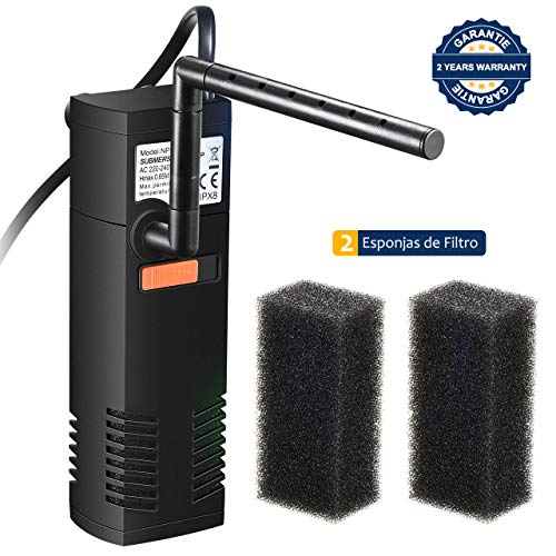 OMORC Filtro Interior 300L/H, Filtro Interno Multifuncional con 2 Esponjas de Filtro Reemplazables para Estanques de Peces o Tortugas de 60L, Ciclo de Agua, Oxigenación, Flujo Ajustable y Silencioso