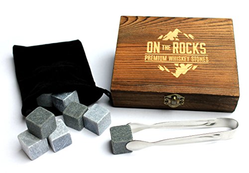 On The Rocks - Juego de Whisky piedras regalo | 9 rocas hieio | (Basalto, Esteatita natural y elegante caja de madera | pinzas y bolsa de terciopelo)