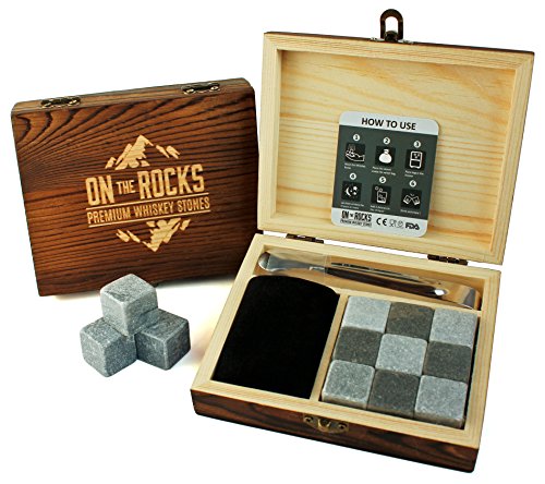 On The Rocks - Juego de Whisky piedras regalo | 9 rocas hieio | (Basalto, Esteatita natural y elegante caja de madera | pinzas y bolsa de terciopelo)