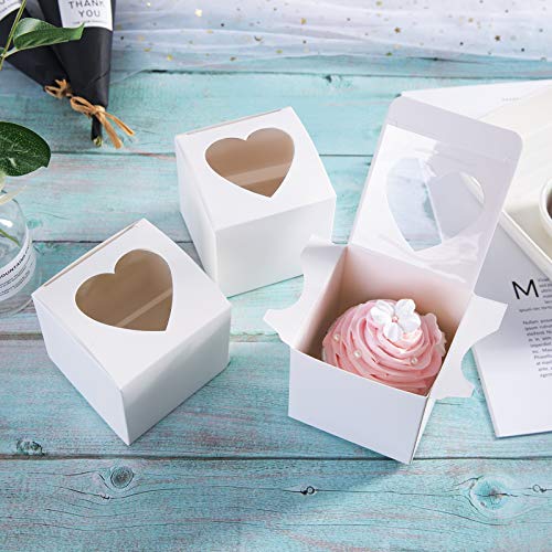 One More - Cajas para magdalenas pequeñas de 3 pulgadas con forma de corazón y ventana sin asa, caja pequeña para cupcakes, contenedores individuales, 3 x 3 x 3 pulgadas, paquete de 24