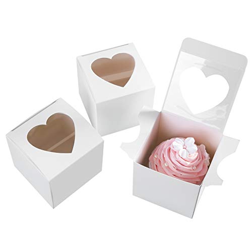 One More - Cajas para magdalenas pequeñas de 3 pulgadas con forma de corazón y ventana sin asa, caja pequeña para cupcakes, contenedores individuales, 3 x 3 x 3 pulgadas, paquete de 24