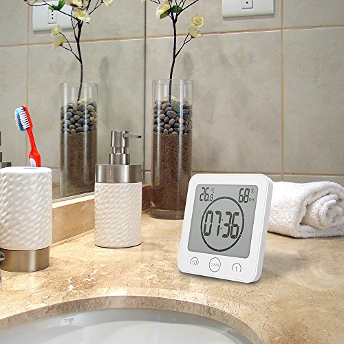 ONEVER Reloj de Baño, Humedad Digital Temperatura Reloj Digital Reloj Temporizador Pantalla LCD Impermeable Control Táctil Alarma Temporizador Para Baño de Cocina (Blanco)