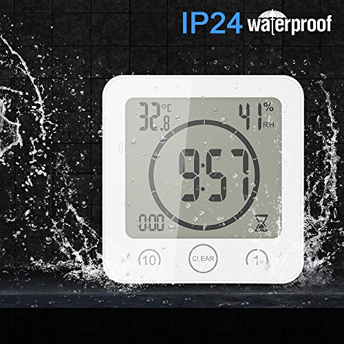 ONEVER Reloj de Baño, Humedad Digital Temperatura Reloj Digital Reloj Temporizador Pantalla LCD Impermeable Control Táctil Alarma Temporizador Para Baño de Cocina (Blanco)