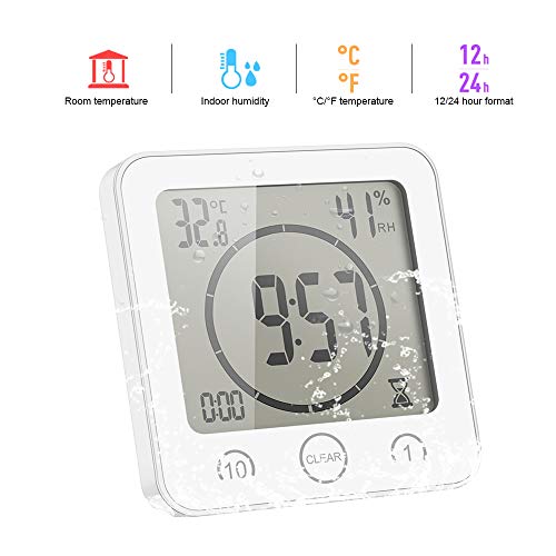 ONEVER Reloj de Baño, Humedad Digital Temperatura Reloj Digital Reloj Temporizador Pantalla LCD Impermeable Control Táctil Alarma Temporizador Para Baño de Cocina (Blanco)