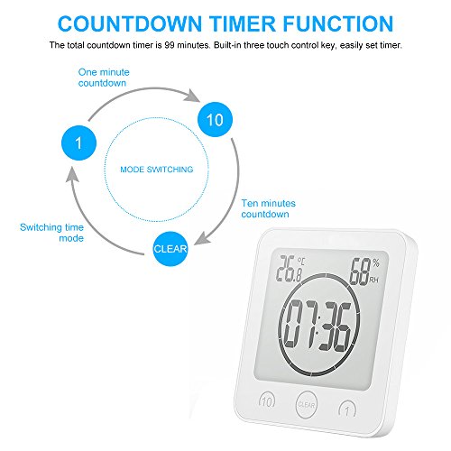 ONEVER Reloj de Baño, Humedad Digital Temperatura Reloj Digital Reloj Temporizador Pantalla LCD Impermeable Control Táctil Alarma Temporizador Para Baño de Cocina (Blanco)