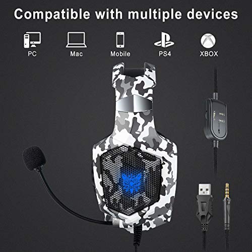 ONIKUMA Auriculares Gaming, Cascos Gaming, Auriculares de Juego con Micrófono y RGB LED Compatible con PS4,Nuevo Xbox One, Nintendo Switch, Movil, PC Ordenador, Enchufe de 3.5 mm - Camuflaje