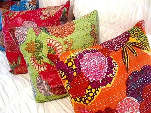 Online Big Bazar Indian Home Decor Hilo Bordado Trabajo Bloque Impreso Kantha Funda de cojín, 41 x 41 cm, lote de 10 piezas