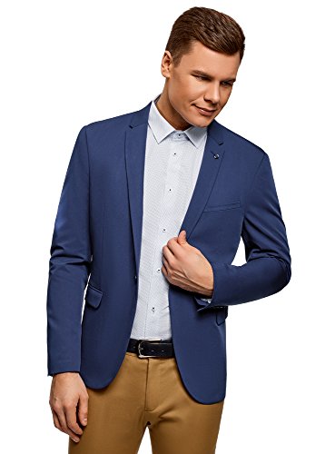 oodji Ultra Hombre Chaqueta Entallada con Botón, Azul, 48