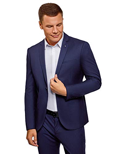 oodji Ultra Hombre Chaqueta Entallada con Botón, Azul, 56