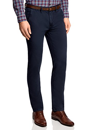 oodji Ultra Hombre Pantalones Chinos con Cinturón, Azul, 38