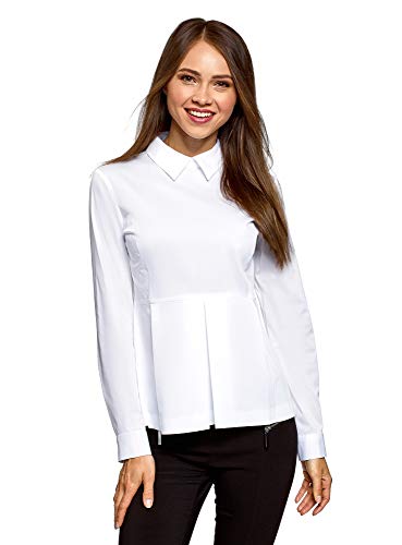 oodji Ultra Mujer Blusa de Algodón con Volante, Blanco, ES 34 / XXS