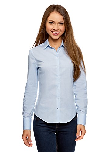 oodji Ultra Mujer Camisa Básica de Algodón, Azul, ES 36 / XS