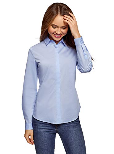 oodji Ultra Mujer Camisa Básica Entallada, Azul, ES 44 / XL