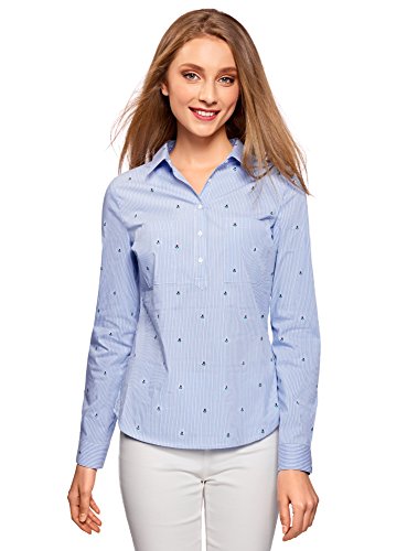 oodji Ultra Mujer Camisa Entallada con Bolsillos en el Pecho, Azul, ES 40 / M