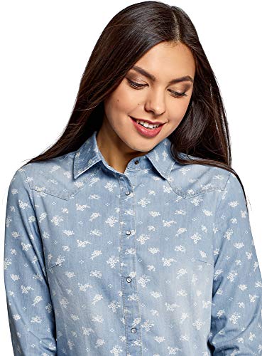 oodji Ultra Mujer Camisa Vaquera con Botones a Presión, Azul, ES 40 / M