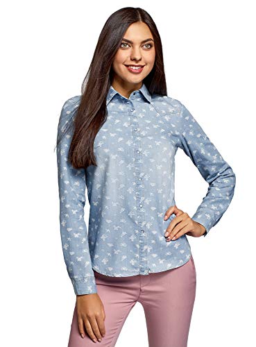 oodji Ultra Mujer Camisa Vaquera con Botones a Presión, Azul, ES 40 / M