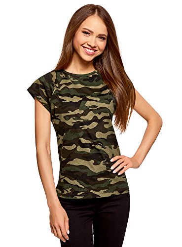 oodji Ultra Mujer Camiseta Estampada de Algodón, Verde, ES 34 / XXS