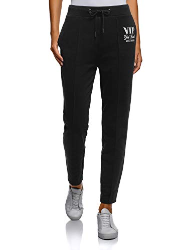 oodji Ultra Mujer Pantalones Deportivos con Inscripción, Negro, ES 34 / XXS