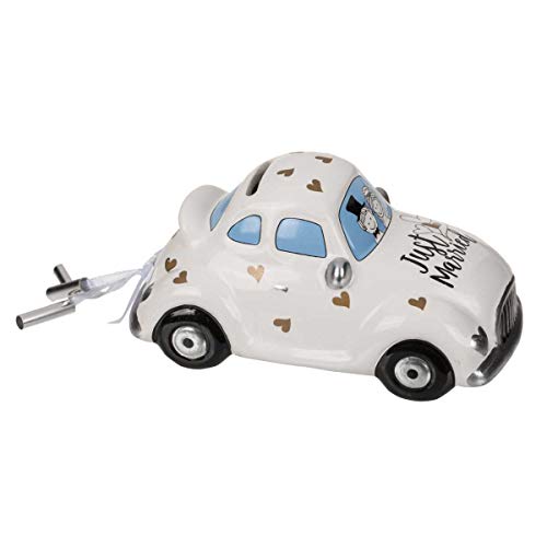 ootb Hucha con Cerradura, Coche de Boda, Just Married, Cerámica, Azul, Blanco, Dorado, 16 x 8,5 cm