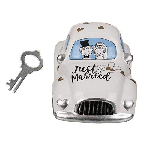 ootb Hucha con Cerradura, Coche de Boda, Just Married, Cerámica, Azul, Blanco, Dorado, 16 x 8,5 cm