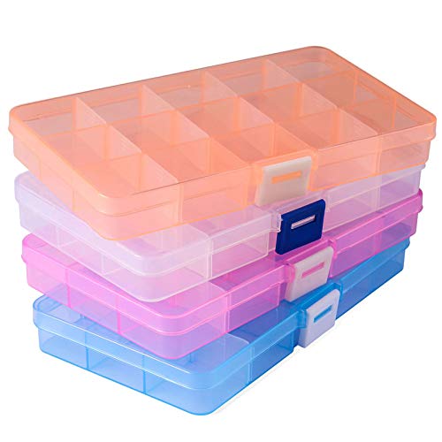 Opret 4 Pack Caja de Almacenamiento Caja Compartimentos de Plástico (15 Compartimentos) con Separadores Ajustables Organizador de Joyería Contenedor de Herramientas