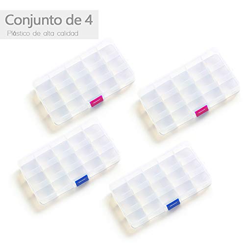 Opret 4 Pack Caja de Almacenamiento Transparente Caja Compartimentos de Plástico (15 Compartimentos) con Separadores Ajustables Organizador de Joyería Contenedor de Herramientas