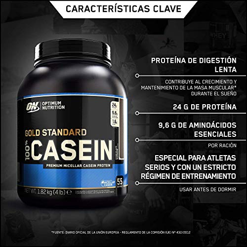 Optimum Nutrition ON 100% Gold Standard Casein, Proteínas en Polvo con BCAA Aminoacidos Ramificados y Esenciales, para recuperación, bajo en Azúcar, Chocolate, 55 porciones, 1.82 kg