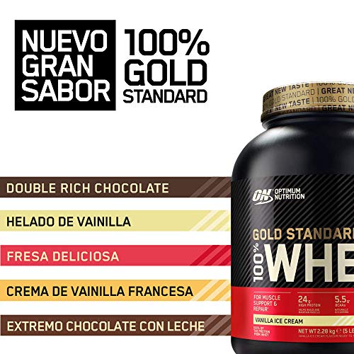 Optimum Nutrition ON Gold Standard 100% Whey Proteína en Polvo Suplementos Deportivos, Glutamina y Aminoacidos, BCAA, Helado de Vainilla, 76 Porciones, 2.28 kg, Embalaje Puede Variar