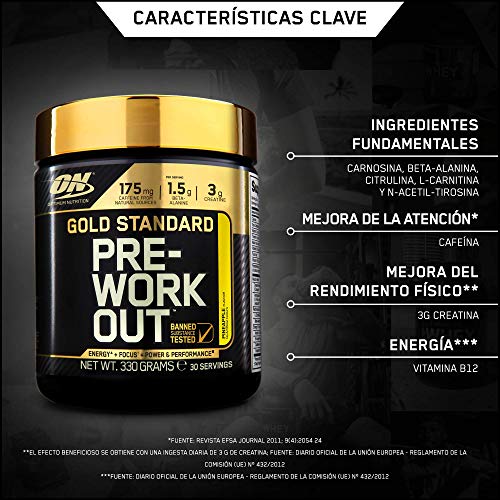 Optimum Nutrition ON Gold Standard Pre Workout en Polvo con Creatina Monohidrato, Beta Alanina, Cafeína, Citrulina y Vitamina B, Piña, 30 Porciones, 330 gr