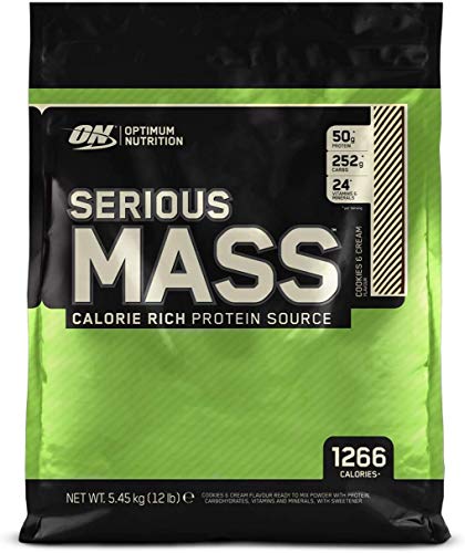 Optimum Nutrition ON Serious Mass Proteina en Polvo Mass Gainer Alto en Proteína, con Vitaminas, Creatina y Glutamina, Galletas y Crema, 16 Porciones, 5.45kg, Embalaje Puede Variar