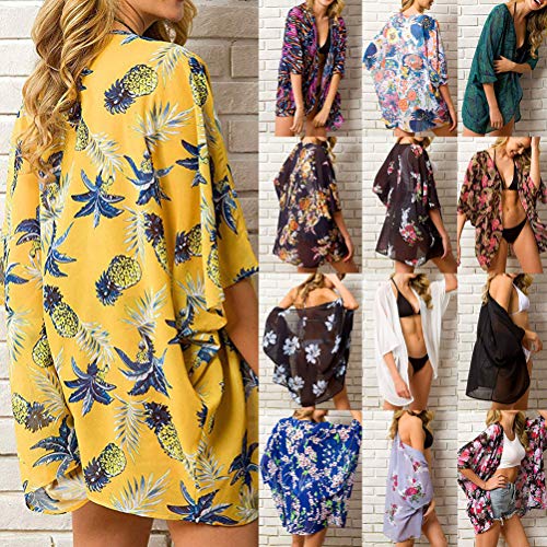 ORANDESIGNE Chaqueta de Punto con Estampado de Kimono de Playa de Manga Corta para Mujer Chal Flores Ropa de Playa Gasa Bohemia Boho Bikini de Verano Cover Up Estilo 2 46