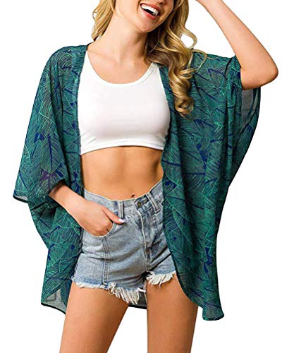 ORANDESIGNE Chaqueta de Punto con Estampado de Kimono de Playa de Manga Corta para Mujer Chal Flores Ropa de Playa Gasa Bohemia Boho Bikini de Verano Cover Up Estilo 2 46