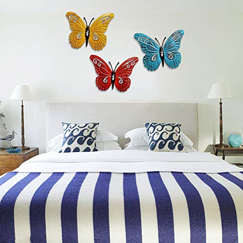 ORETG45 - Juego de 3 mariposas de metal para colgar en la pared, decoración de pared artificial, para dormitorio, escultura, simulación de TV de fondo 3D, para oficina, jardín, hogar