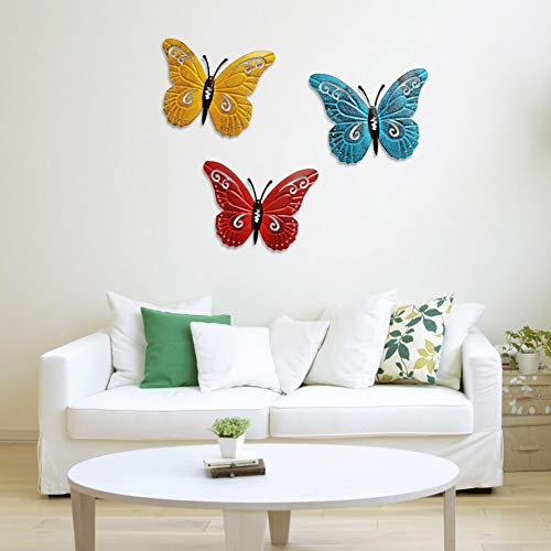 ORETG45 - Juego de 3 mariposas de metal para colgar en la pared, decoración de pared artificial, para dormitorio, escultura, simulación de TV de fondo 3D, para oficina, jardín, hogar