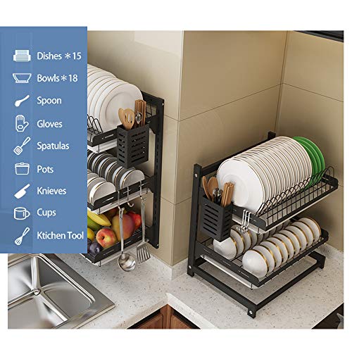 Organizador de acero inoxidable negro de 2 niveles para secar platos, frutas y verduras, cesta de almacenamiento con escurridor y 3 ganchos para colgar utensilios de cocina